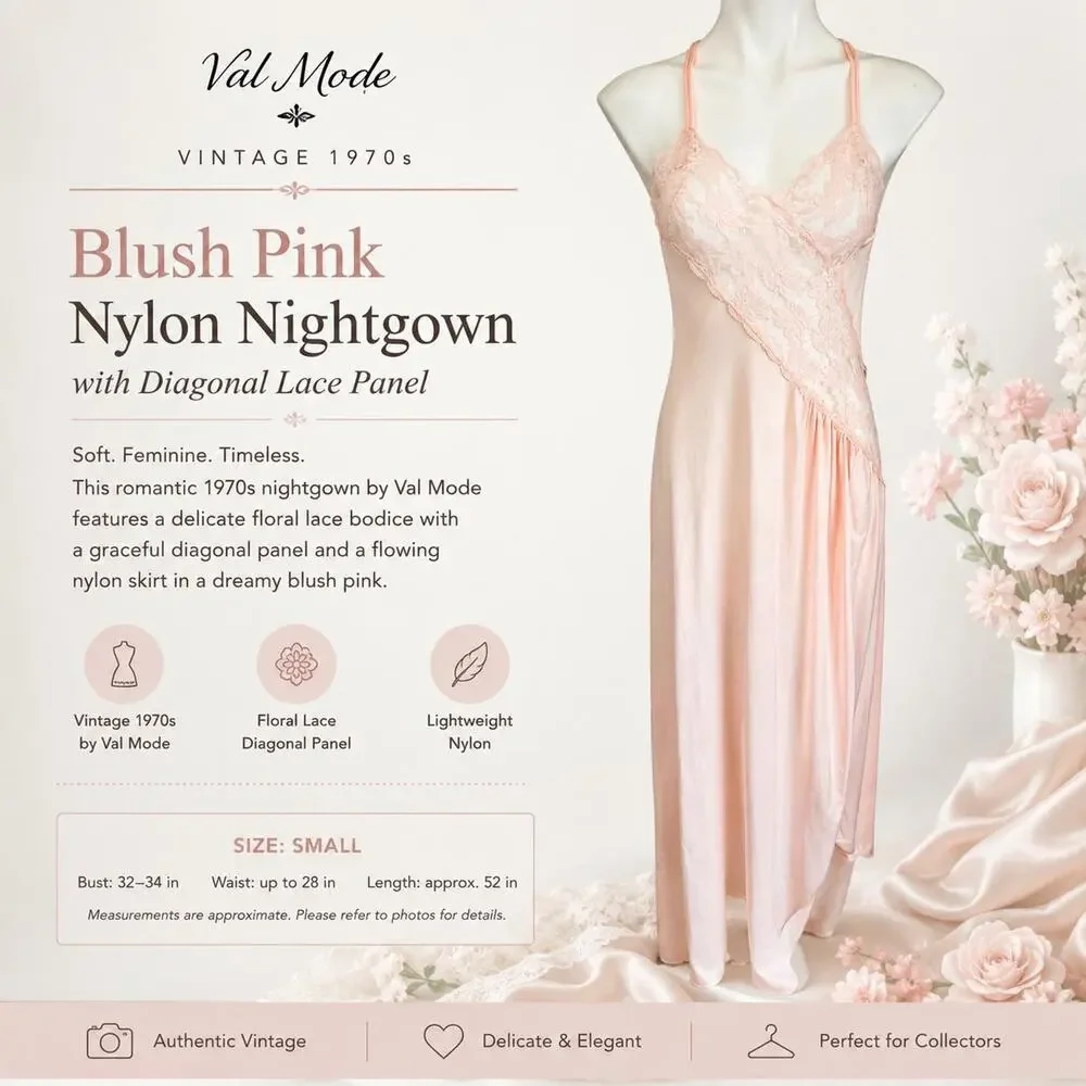 Val Mode Vintage 1970s Blush Pink Nylon Nightgown Diagonal Lace Panel Small
